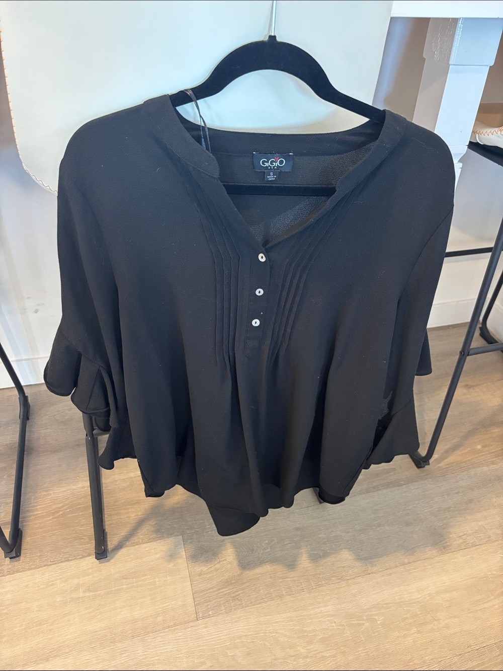 G.GIO Black V-Neck Pintuck Ruffle Sleeve Blouse